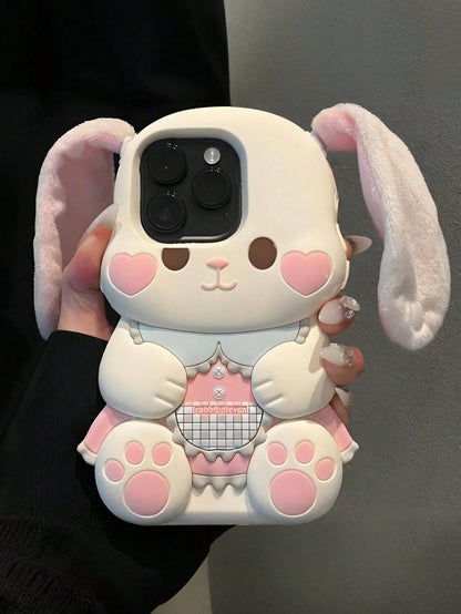 Cute Pink Bunny Element Silicone Heart Blush 3D Rabbit Silicone Animal Ears Style Kawaii Phone Shockproof Case With Plush Ears Compatible With Iphone 17/17pro/7air/17PROMAX/16/16PRO/16PLUS/16PROMAX/15