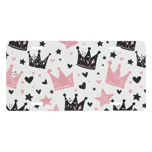 Cute Pink Crown Front License Plate For Women Men Funny Car License Plates With 4 Holes Aluminum Metal Novelty Vanity Tag Cover Rust-Proof Us Canada Car Decor Accessoryches 370