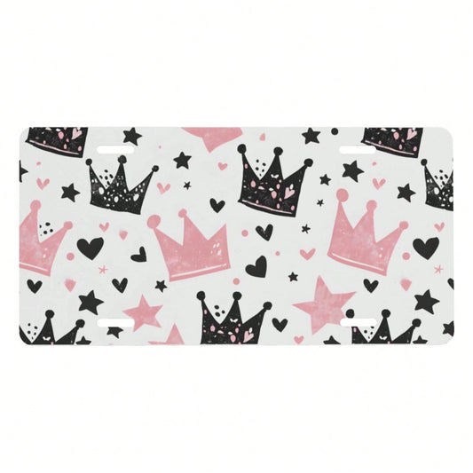 Cute Pink Crown Front License Plate For Women Men Funny Car License Plates With 4 Holes Aluminum Metal Novelty Vanity Tag Cover Rust-Proof Us Canada Car Decor Accessoryches 370