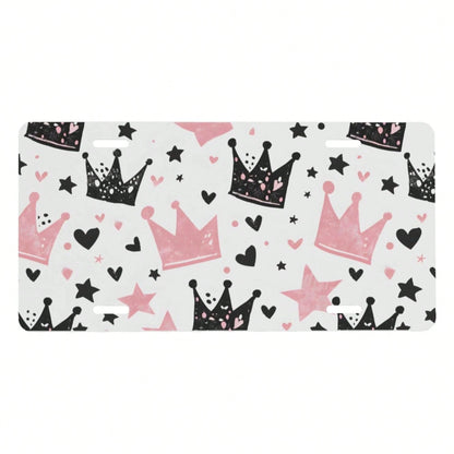 Cute Pink Crown Front License Plate For Women Men Funny Car License Plates With 4 Holes Aluminum Metal Novelty Vanity Tag Cover Rust-Proof Us Canada Car Decor Accessoryches 370