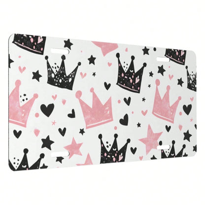Cute Pink Crown Front License Plate For Women Men Funny Car License Plates With 4 Holes Aluminum Metal Novelty Vanity Tag Cover Rust-Proof Us Canada Car Decor Accessoryches 370