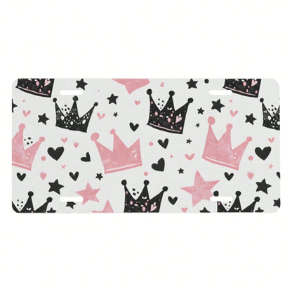 Cute Pink Crown Front License Plate For Women Men Funny Car License Plates With 4 Holes Aluminum Metal Novelty Vanity Tag Cover Rust-Proof Us Canada Car Decor Accessoryches 370