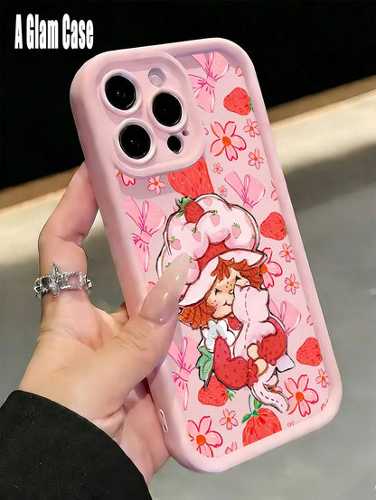 Cute Pink Strawberry Doll Pattern Phone Case,Sky Eye Series TPU Soft Case, Full Lens Protection Anti-Slip Shockproof, Comfort Grip. Compatible With GALAXY S22/23/23FE/24ULTRA/25ULTRA, IPhone17 Pro Max