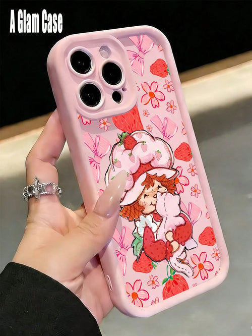 Cute Pink Strawberry Doll Pattern Phone Case,Sky Eye Series TPU Soft Case, Full Lens Protection Anti-Slip Shockproof, Comfort Grip. Compatible With GALAXY S22/23/23FE/24ULTRA/25ULTRA, IPhone17 Pro Max