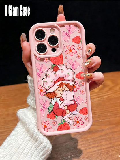 Cute Pink Strawberry Doll Pattern Phone Case,Sky Eye Series TPU Soft Case, Full Lens Protection Anti-Slip Shockproof, Comfort Grip. Compatible With GALAXY S22/23/23FE/24ULTRA/25ULTRA, IPhone17 Pro Max