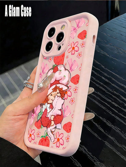 Cute Pink Strawberry Doll Pattern Phone Case,Sky Eye Series TPU Soft Case, Full Lens Protection Anti-Slip Shockproof, Comfort Grip. Compatible With GALAXY S22/23/23FE/24ULTRA/25ULTRA, IPhone17 Pro Max