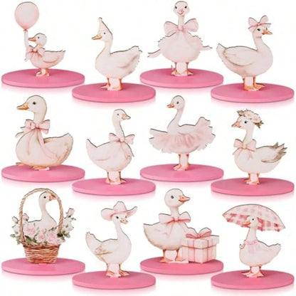 D12 Pcs One Silly Goose Decor Goose Wooden Sign Pink Bow Centerpiece For Table With Base Cute Tiered Tray Decor For Birthday Baby Shower Home Office Party Plies