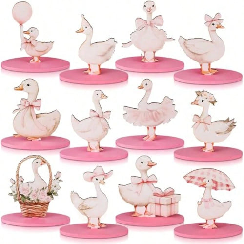 D12 Pcs One Silly Goose Decor Goose Wooden Sign Pink Bow Centerpiece For Table With Base Cute Tiered Tray Decor For Birthday Baby Shower Home Office Party Plies