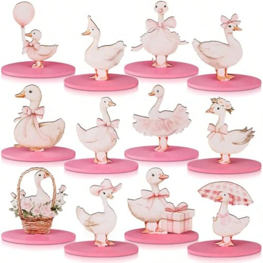 D12 Pcs One Silly Goose Decor Goose Wooden Sign Pink Bow Centerpiece For Table With Base Cute Tiered Tray Decor For Birthday Baby Shower Home Office Party Plies