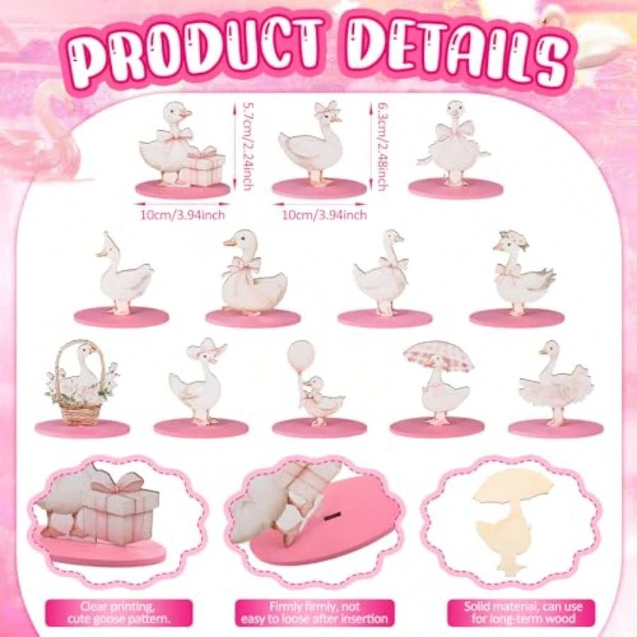 D12 Pcs One Silly Goose Decor Goose Wooden Sign Pink Bow Centerpiece For Table With Base Cute Tiered Tray Decor For Birthday Baby Shower Home Office Party Plies