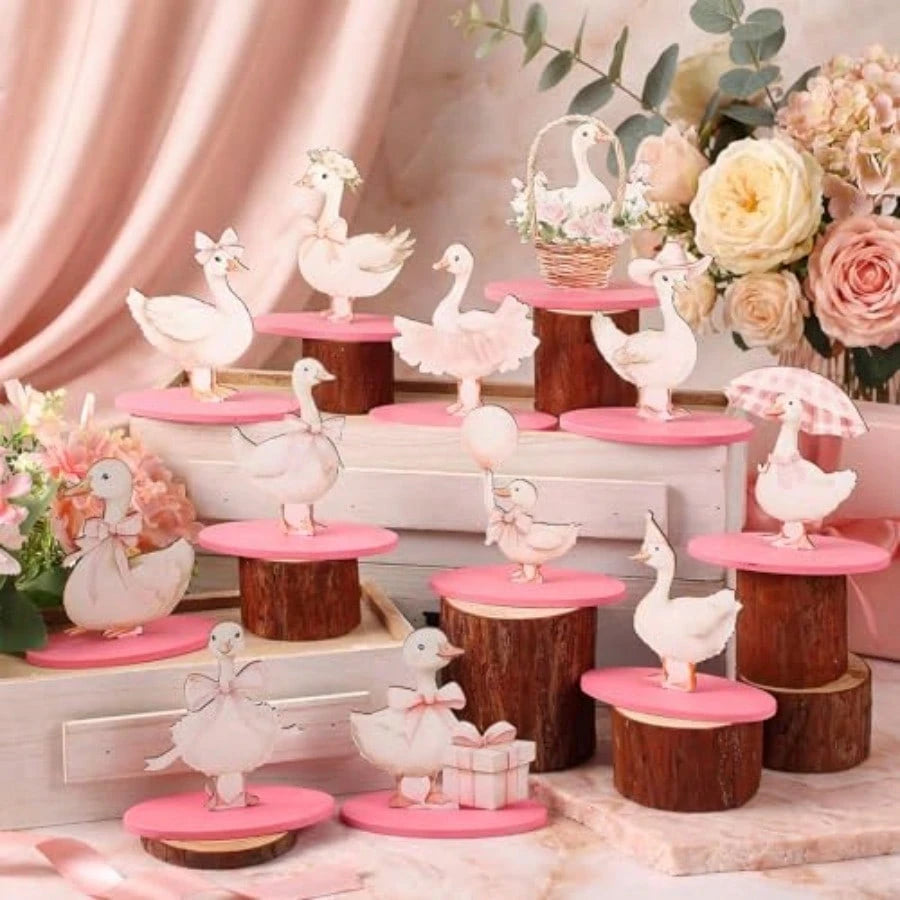 D12 Pcs One Silly Goose Decor Goose Wooden Sign Pink Bow Centerpiece For Table With Base Cute Tiered Tray Decor For Birthday Baby Shower Home Office Party Plies