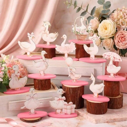 D12 Pcs One Silly Goose Decor Goose Wooden Sign Pink Bow Centerpiece For Table With Base Cute Tiered Tray Decor For Birthday Baby Shower Home Office Party Plies