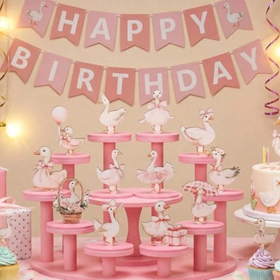 D12 Pcs One Silly Goose Decor Goose Wooden Sign Pink Bow Centerpiece For Table With Base Cute Tiered Tray Decor For Birthday Baby Shower Home Office Party Plies