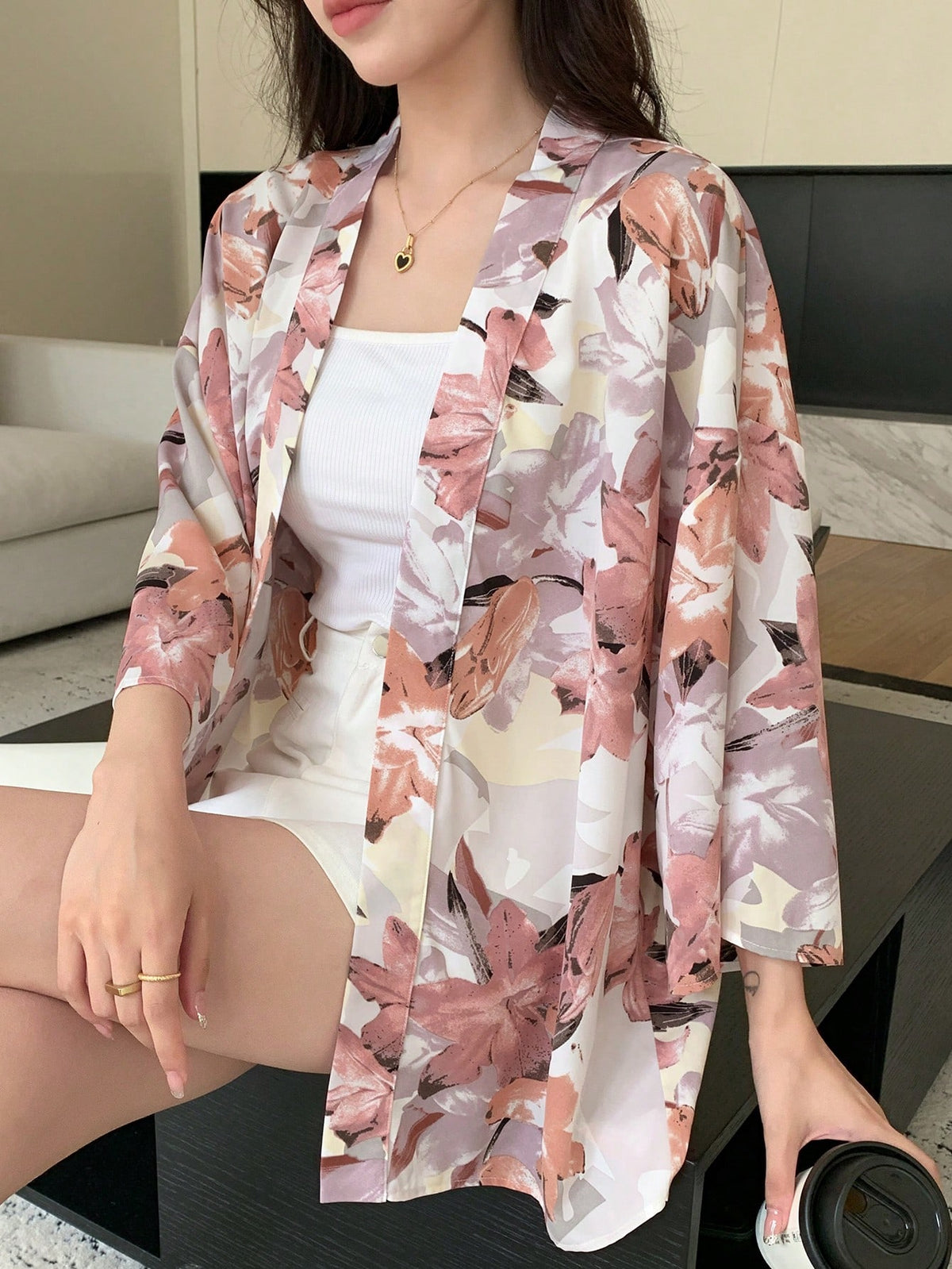 DAZY Floral Print Drop Shoulder Open Front Blouse
