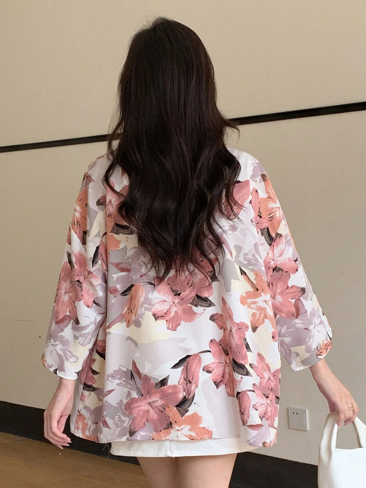 DAZY Floral Print Drop Shoulder Open Front Blouse