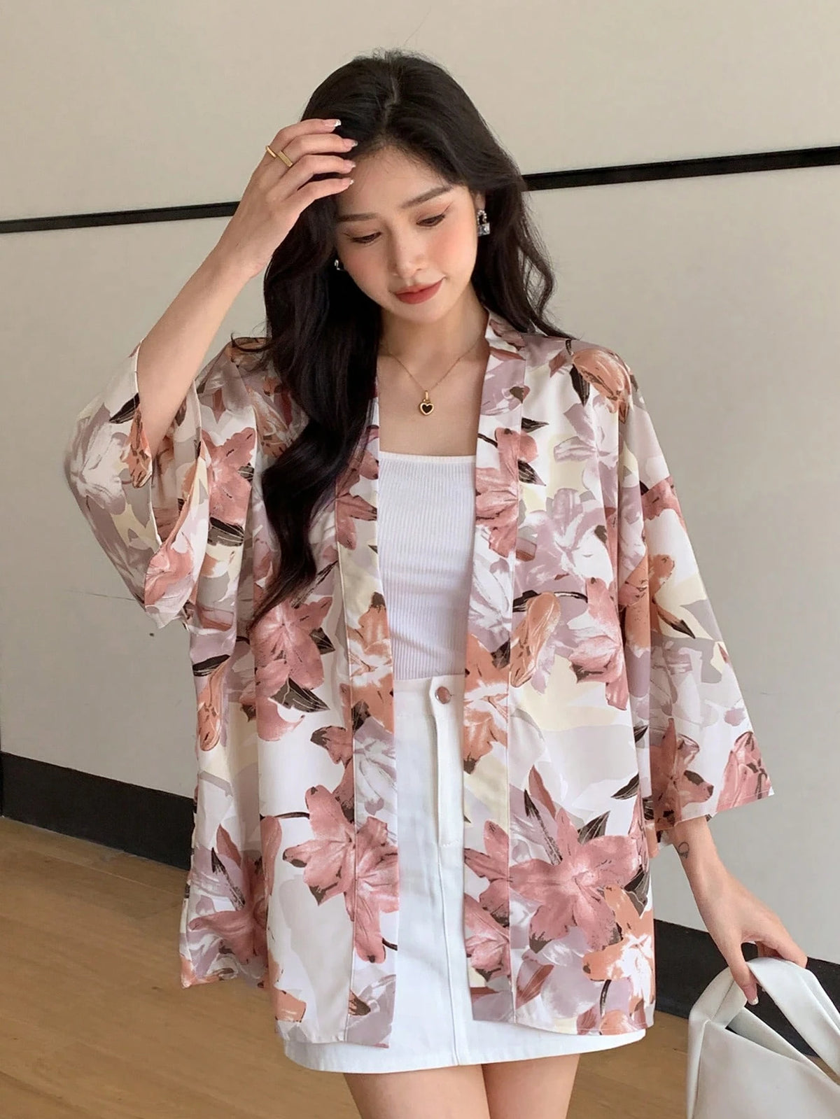 DAZY Floral Print Drop Shoulder Open Front Blouse