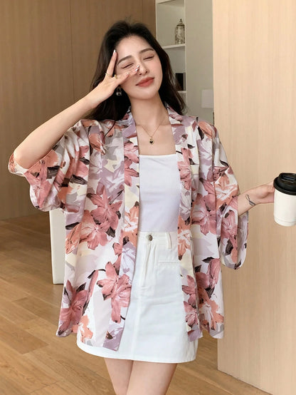 DAZY Floral Print Drop Shoulder Open Front Blouse