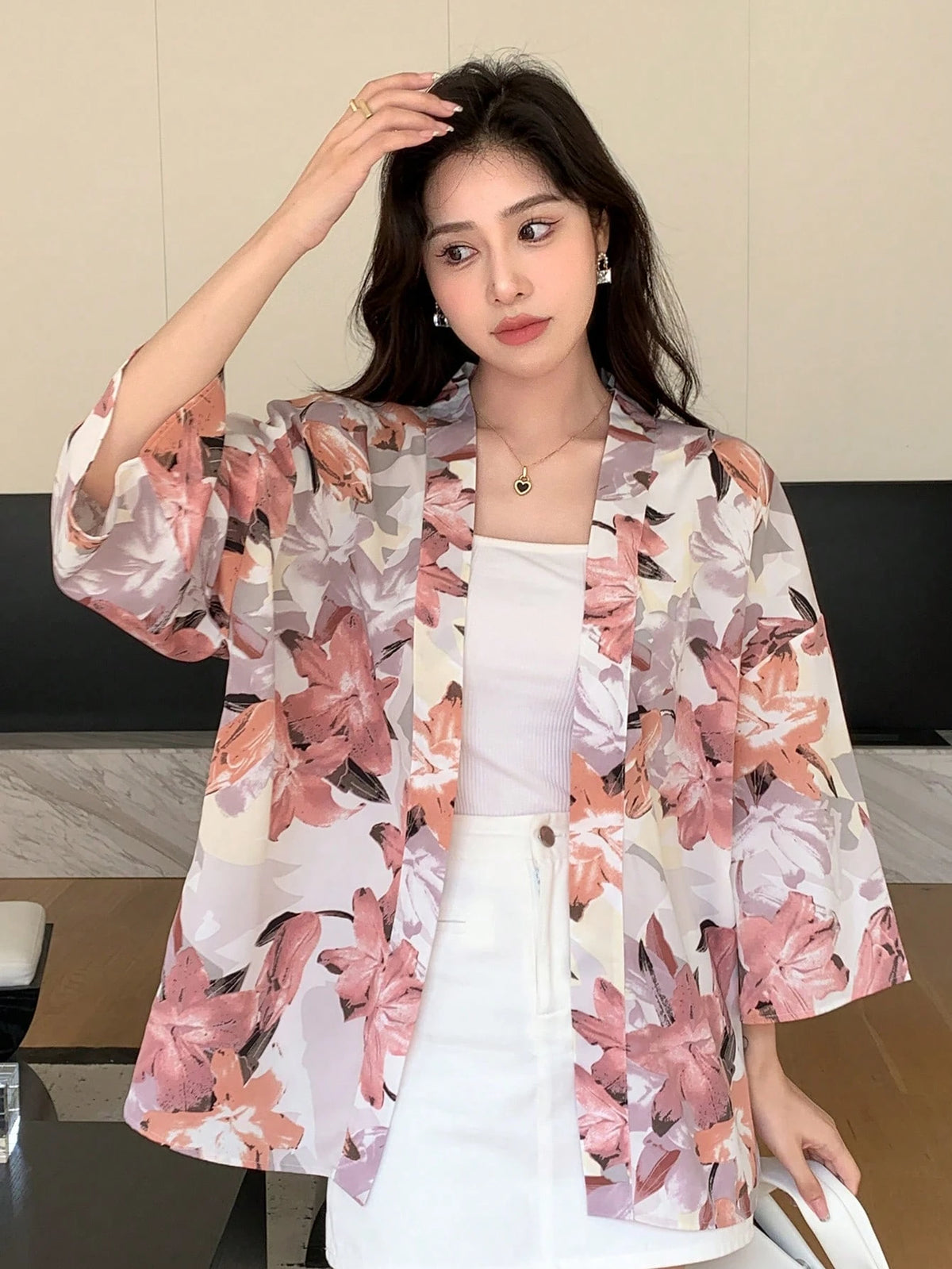 DAZY Floral Print Drop Shoulder Open Front Blouse