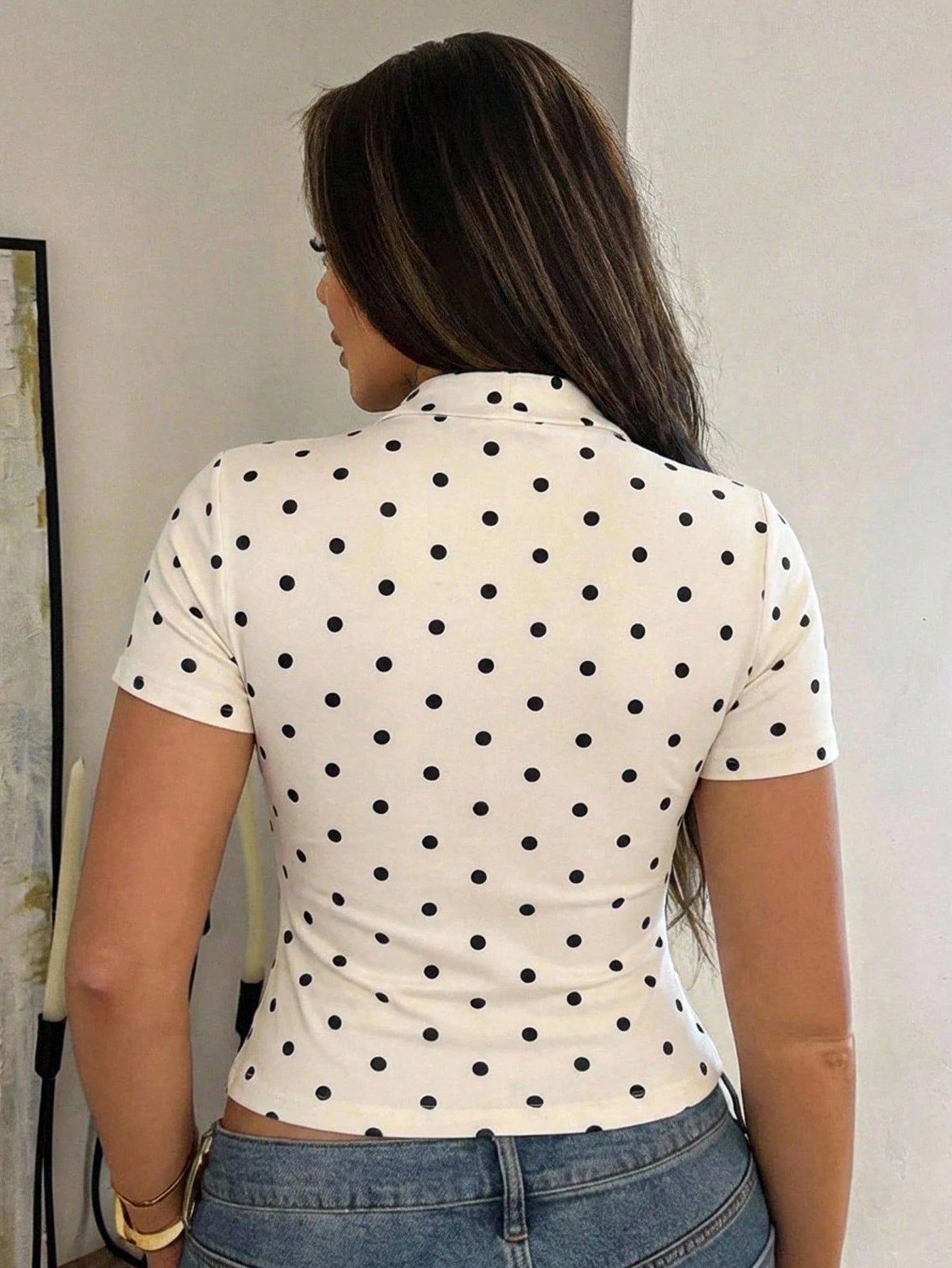 Dazy Plus Elastic Fitted Polka Dot Square Neck Short Sleeve Casual White Plus Size Women T-Shirt, Spring/Summer Cute Tops Graphic Tee