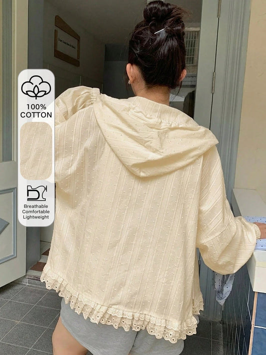 Dazy Plus Hooded Long Sleeve Loose Textured Fabric Lace Patchwork Casual Vacation Style Regular Jacket, Plus Size Women, Spring/Summer