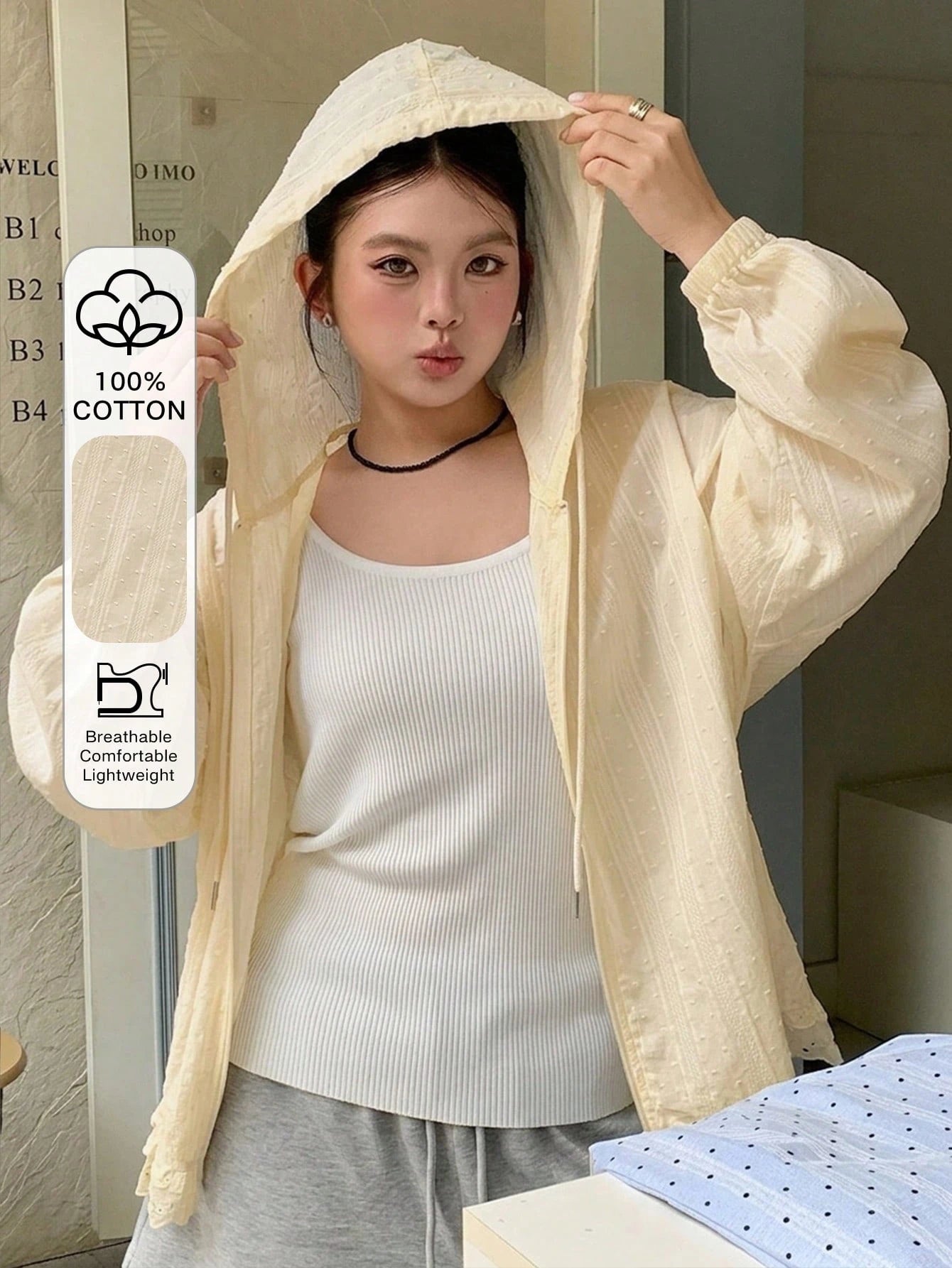 Dazy Plus Hooded Long Sleeve Loose Textured Fabric Lace Patchwork Casual Vacation Style Regular Jacket, Plus Size Women, Spring/Summer