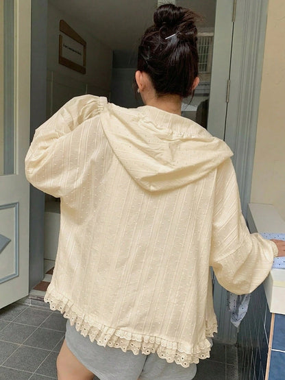 Dazy Plus Hooded Long Sleeve Loose Textured Fabric Lace Patchwork Casual Vacation Style Regular Jacket, Plus Size Women, Spring/Summer