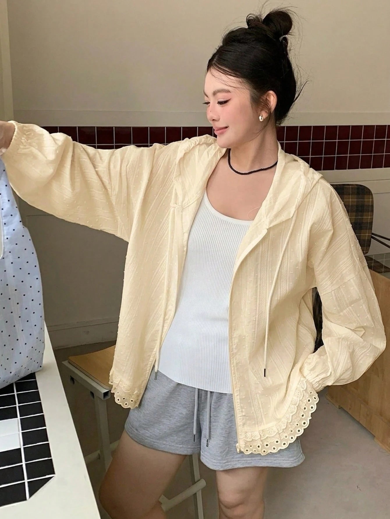 Dazy Plus Hooded Long Sleeve Loose Textured Fabric Lace Patchwork Casual Vacation Style Regular Jacket, Plus Size Women, Spring/Summer