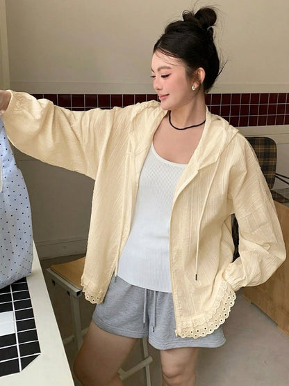 Dazy Plus Hooded Long Sleeve Loose Textured Fabric Lace Patchwork Casual Vacation Style Regular Jacket, Plus Size Women, Spring/Summer