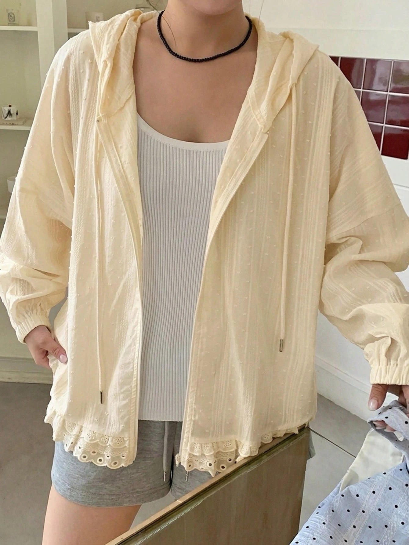 Dazy Plus Hooded Long Sleeve Loose Textured Fabric Lace Patchwork Casual Vacation Style Regular Jacket, Plus Size Women, Spring/Summer