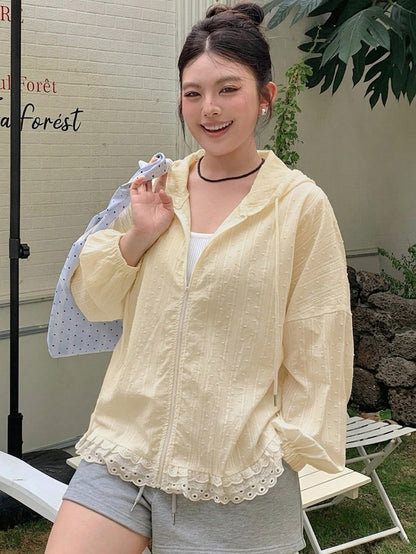 Dazy Plus Hooded Long Sleeve Loose Textured Fabric Lace Patchwork Casual Vacation Style Regular Jacket, Plus Size Women, Spring/Summer