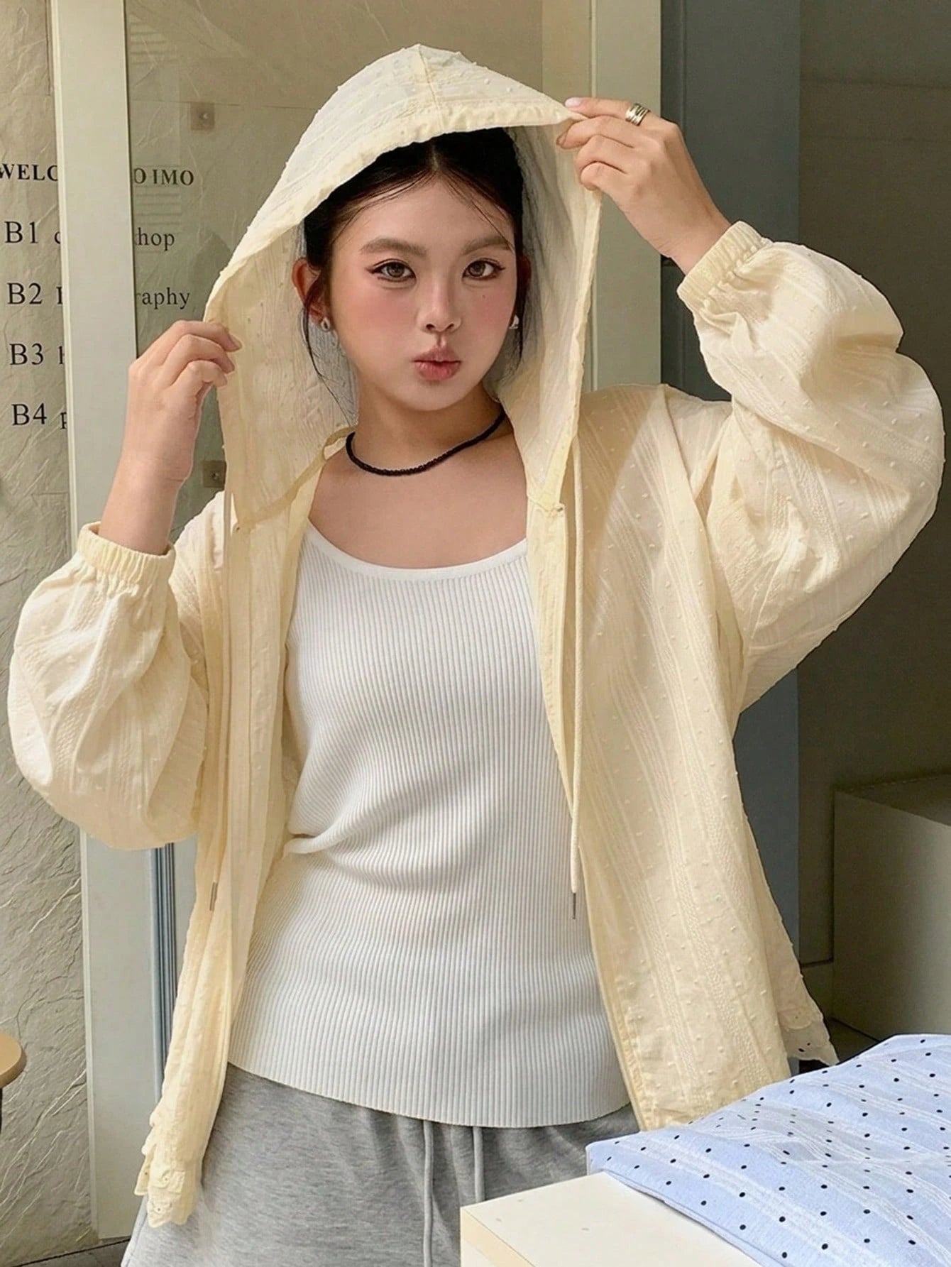 Dazy Plus Hooded Long Sleeve Loose Textured Fabric Lace Patchwork Casual Vacation Style Regular Jacket, Plus Size Women, Spring/Summer