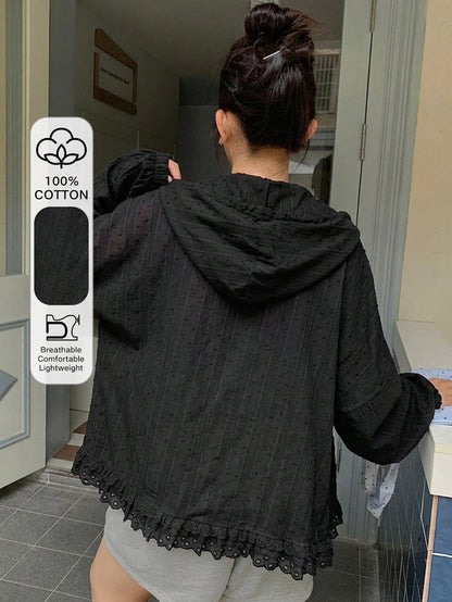 Dazy Plus Hooded Long Sleeve Loose Textured Fabric Lace Patchwork Casual Vacation Style Regular Jacket, Plus Size Women, Spring/Summer