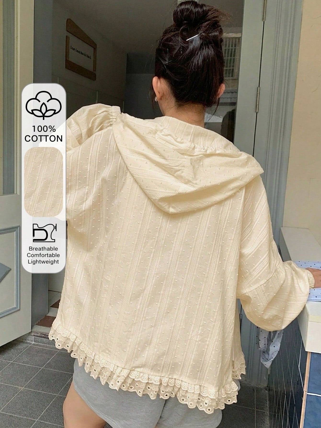 Dazy Plus Hooded Long Sleeve Loose Textured Fabric Lace Patchwork Casual Vacation Style Regular Jacket, Plus Size Women, Spring/Summer