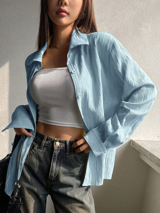 DAZY Solid Color Women's Casual Long Sleeve Button-Down Shirt,Long Sleeve Tops,Fall Clothes
