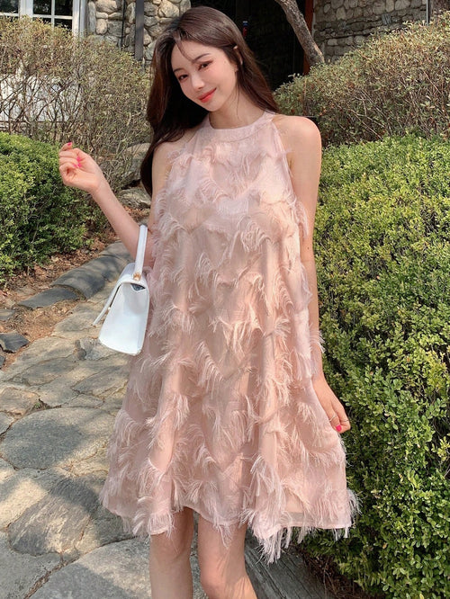 DAZY Solid Fuzzy Trim Halter Dress Valentine Valentine's Day Sundress Valentine's Day