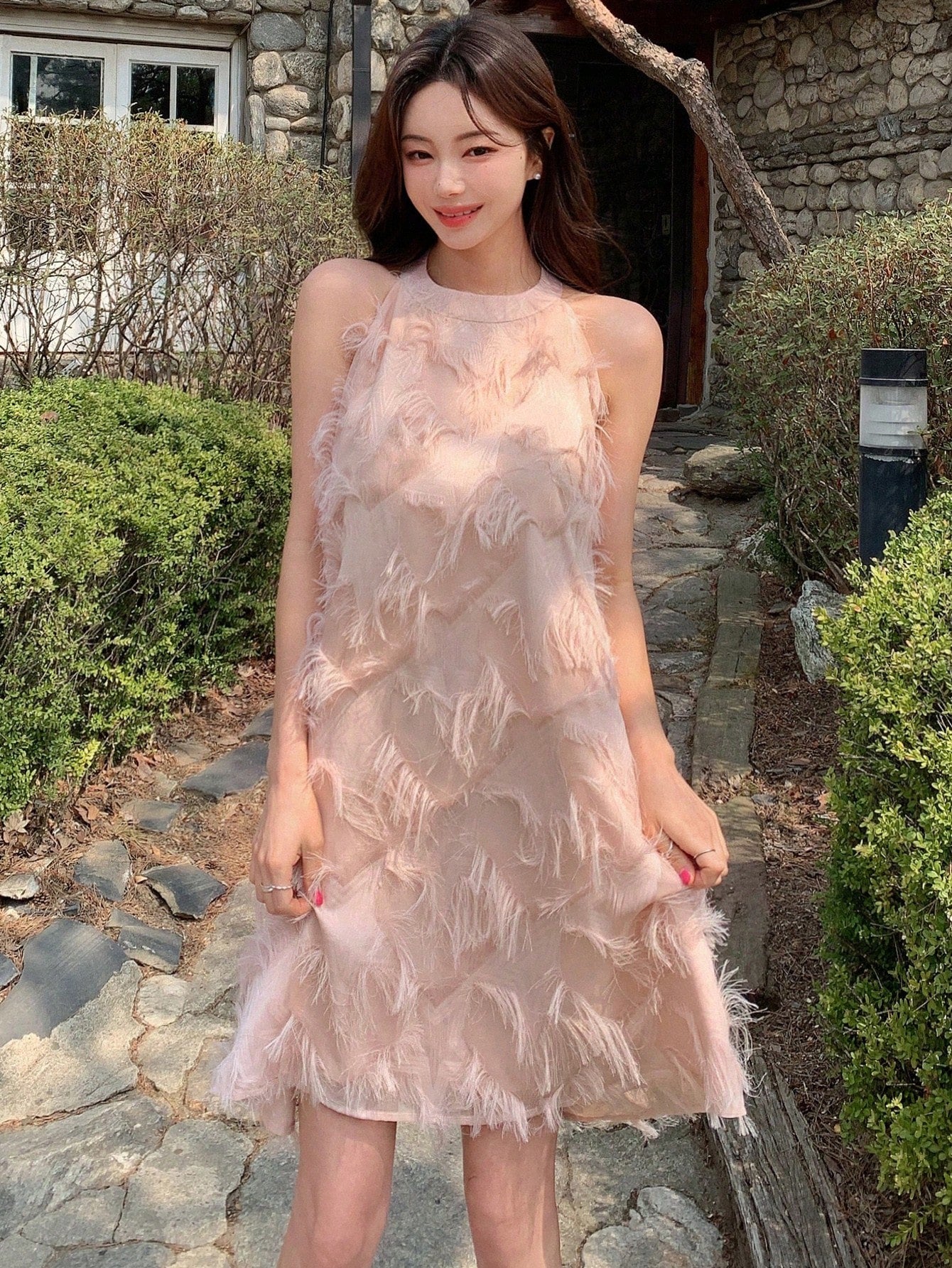 DAZY Solid Fuzzy Trim Halter Dress Valentine Valentine's Day Sundress Valentine's Day