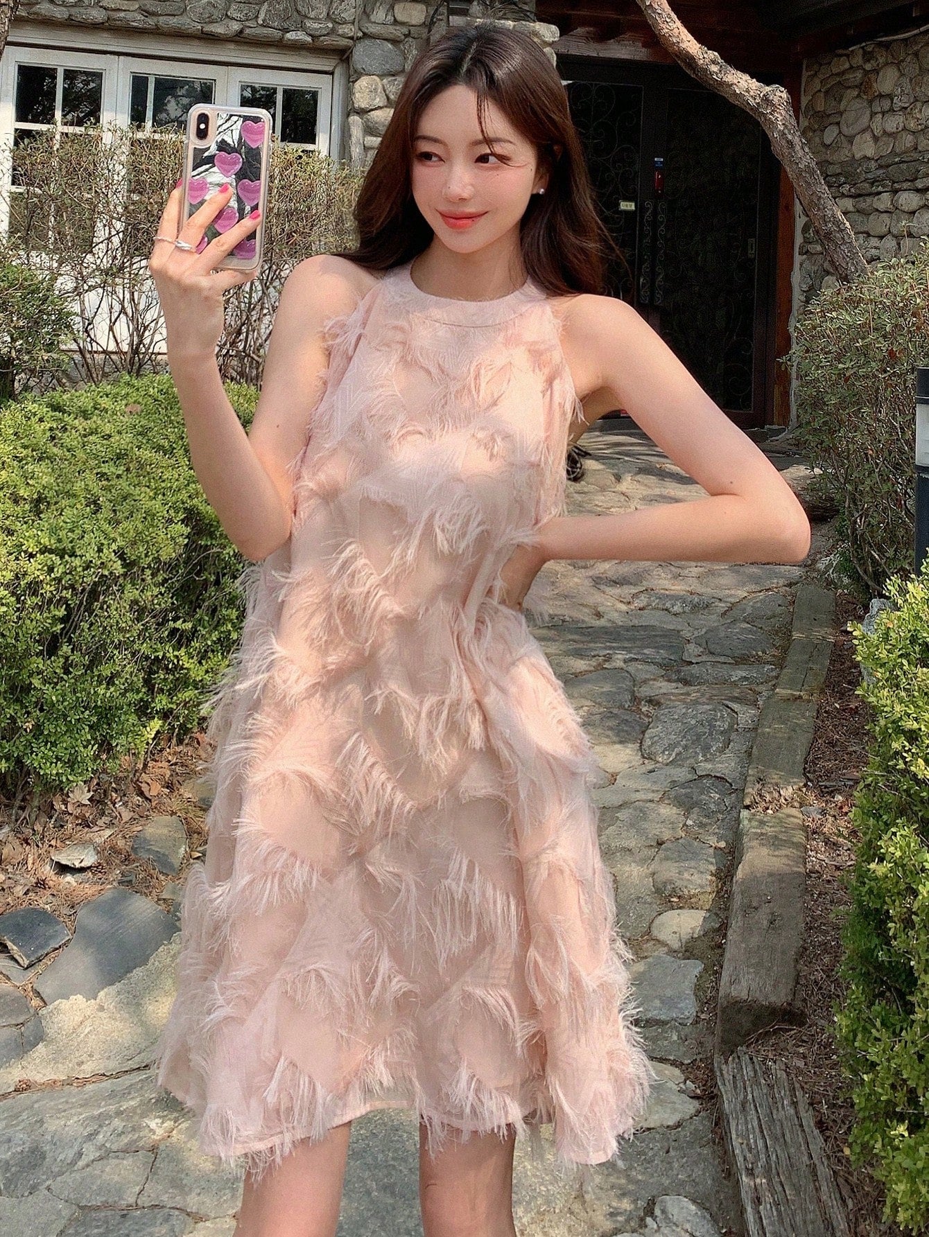 DAZY Solid Fuzzy Trim Halter Dress Valentine Valentine's Day Sundress Valentine's Day