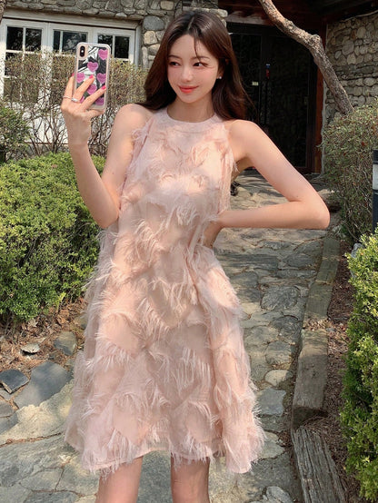 DAZY Solid Fuzzy Trim Halter Dress Valentine Valentine's Day Sundress Valentine's Day