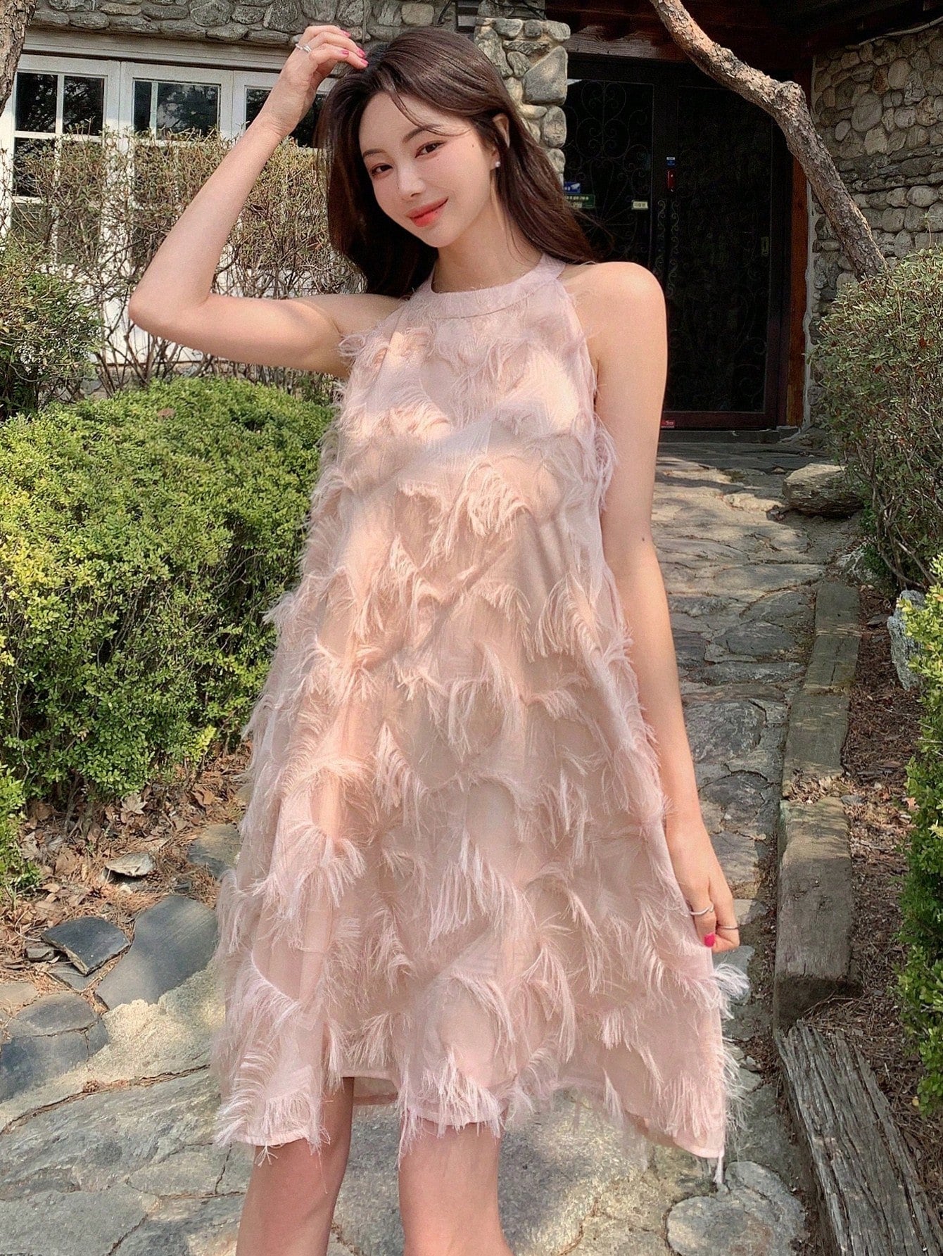 DAZY Solid Fuzzy Trim Halter Dress Valentine Valentine's Day Sundress Valentine's Day