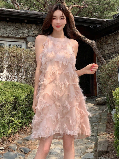 DAZY Solid Fuzzy Trim Halter Dress Valentine Valentine's Day Sundress Valentine's Day