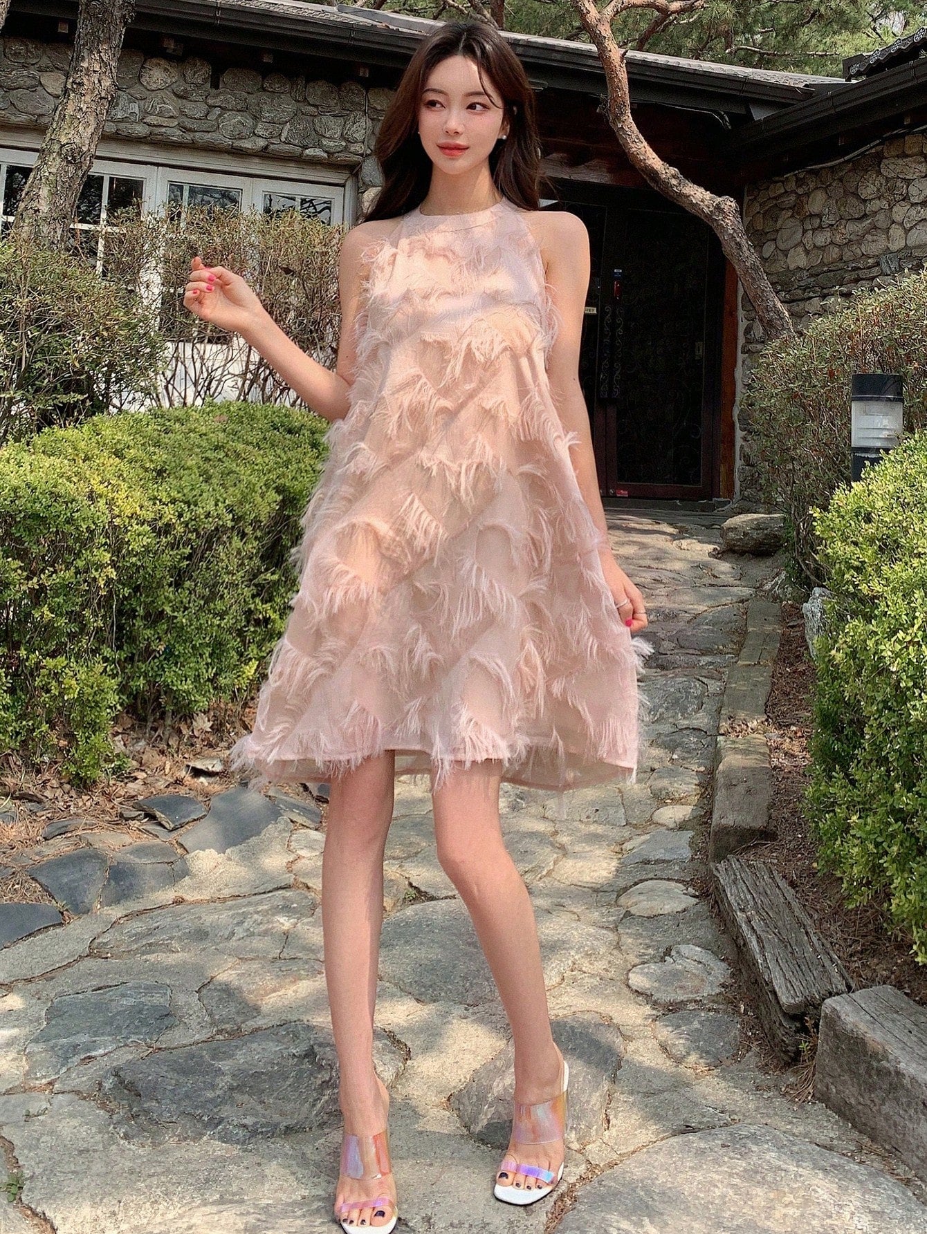 DAZY Solid Fuzzy Trim Halter Dress Valentine Valentine's Day Sundress Valentine's Day