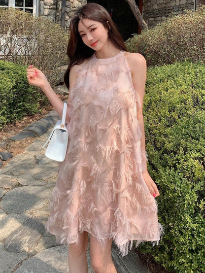 DAZY Solid Fuzzy Trim Halter Dress Valentine Valentine's Day Sundress Valentine's Day