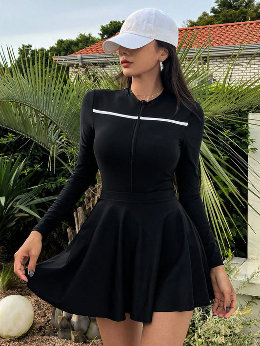 DAZY Women's Color Block Long Sleeve Casual One-Piece Swimsuit With Skirt, Perfect For Surfing And Vacation Summer Beach