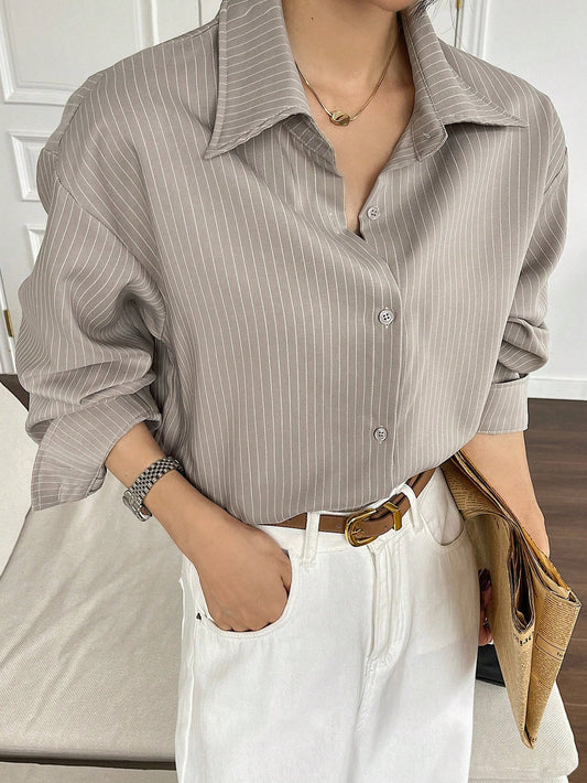 DAZY Women's Loose Striped Casual/School Shirt Long Sleeve