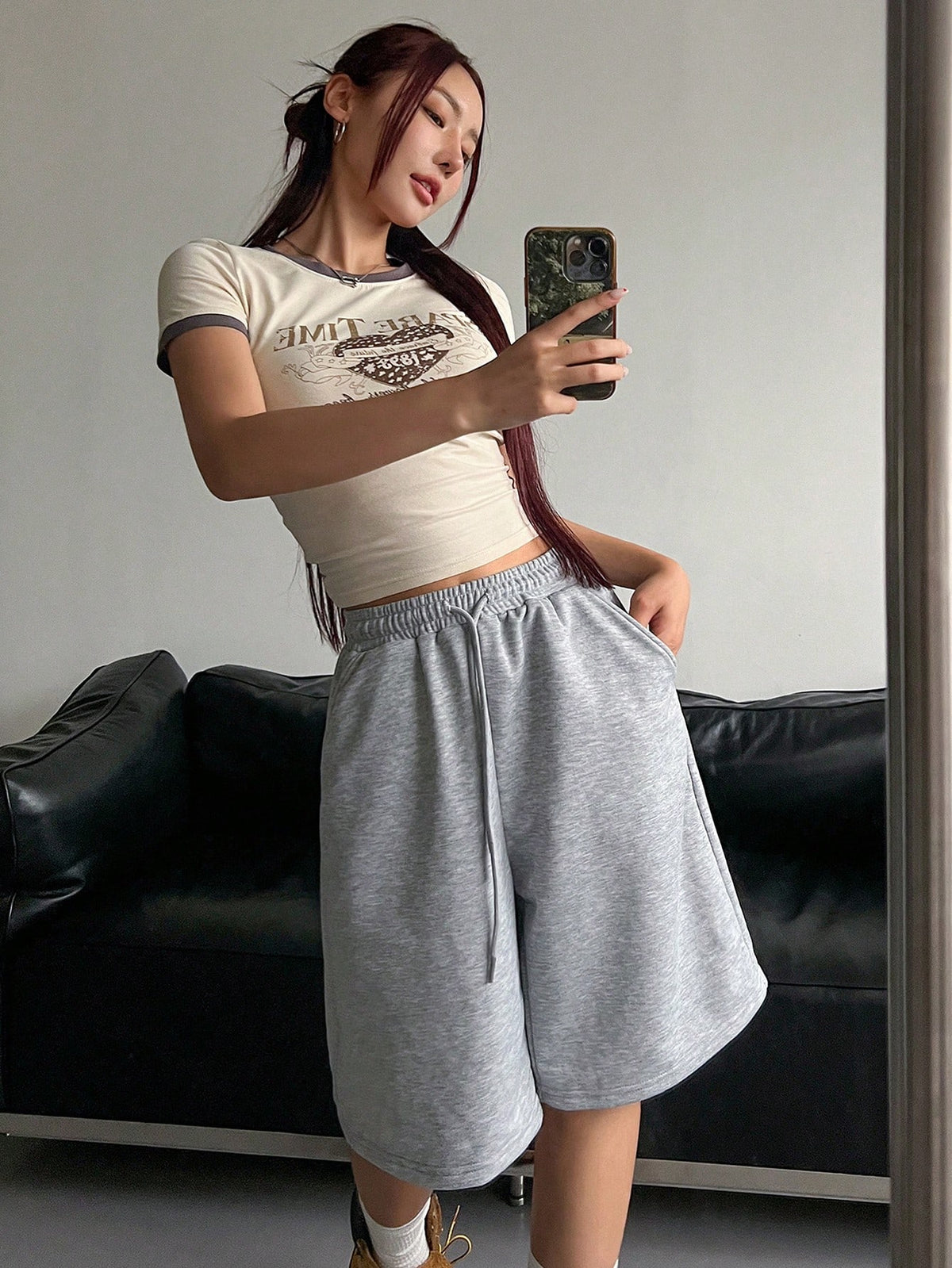 DAZY Women's Solid Color Casual Elasticated Drawstring Shorts For Daily Wear Summer Sweater Shorts