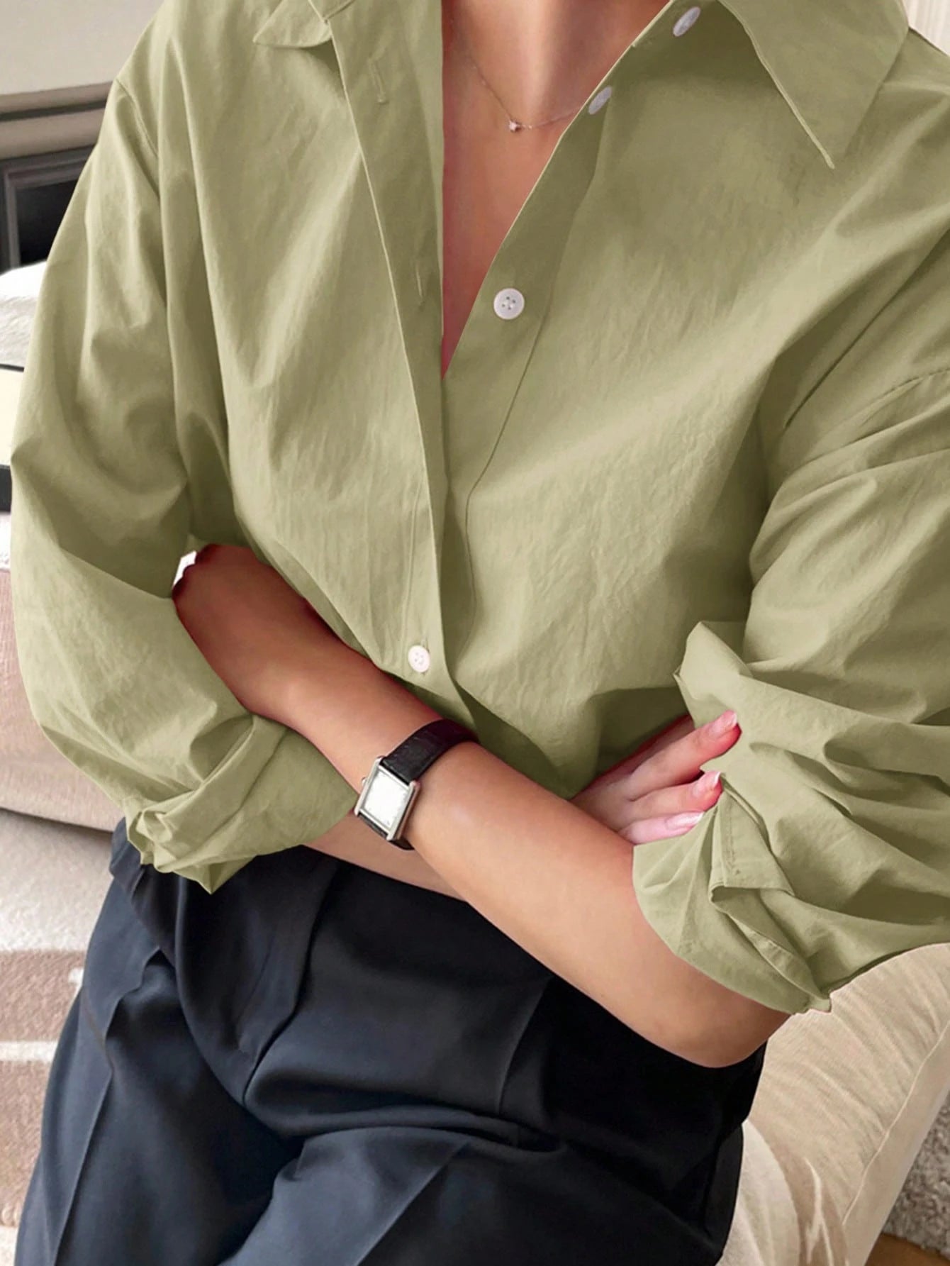 DAZY Women's Solid Color Long Sleeve Single-Breasted Casual Loose Shirt