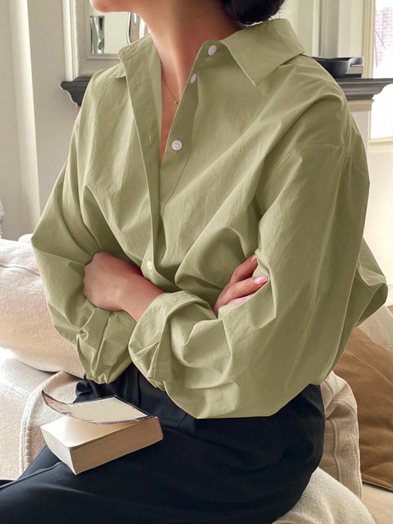 DAZY Women's Solid Color Long Sleeve Single-Breasted Casual Loose Shirt