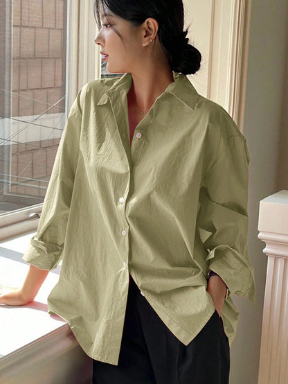DAZY Women's Solid Color Long Sleeve Single-Breasted Casual Loose Shirt