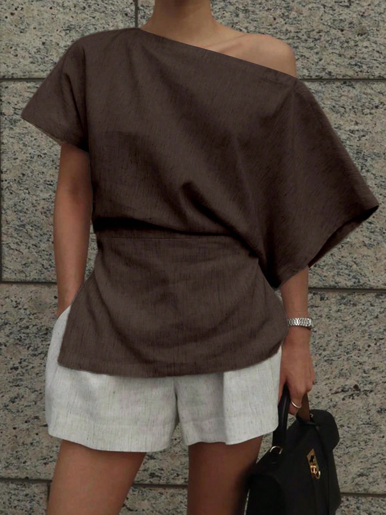 DAZY Women Solid Color Asymmetric Collar Batwing Sleeve Fashionable Blouse Linen Y2k School