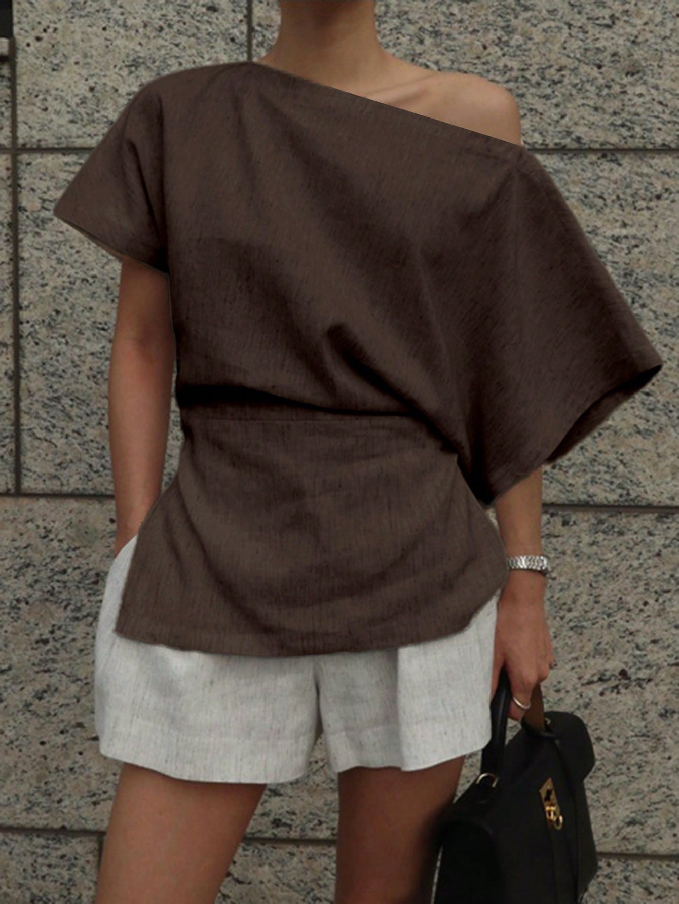 DAZY Women Solid Color Asymmetric Collar Batwing Sleeve Fashionable Blouse Linen Y2k School